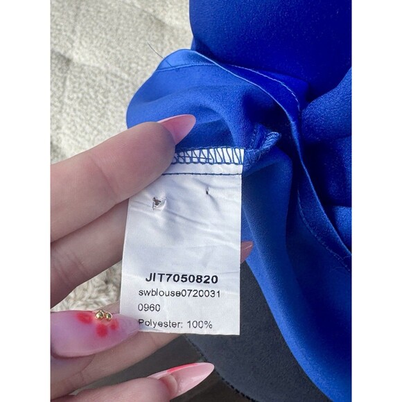 Shein Bright Blue Satin High Neck Sleeveless Tie Back Blouse Size Medium - Picture 7 of 7